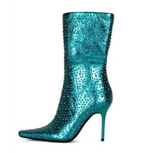 Jeffrey Campbell Iconic-E Stiletto Studded Boots Aqua Blue Metallic